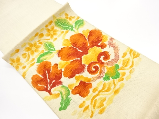 手織り紬花唐草に花葉模様織出し名古屋帯